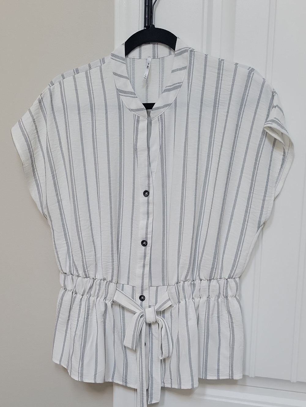 Striped Button-Front Drawstring Waist Blouse — White & Black